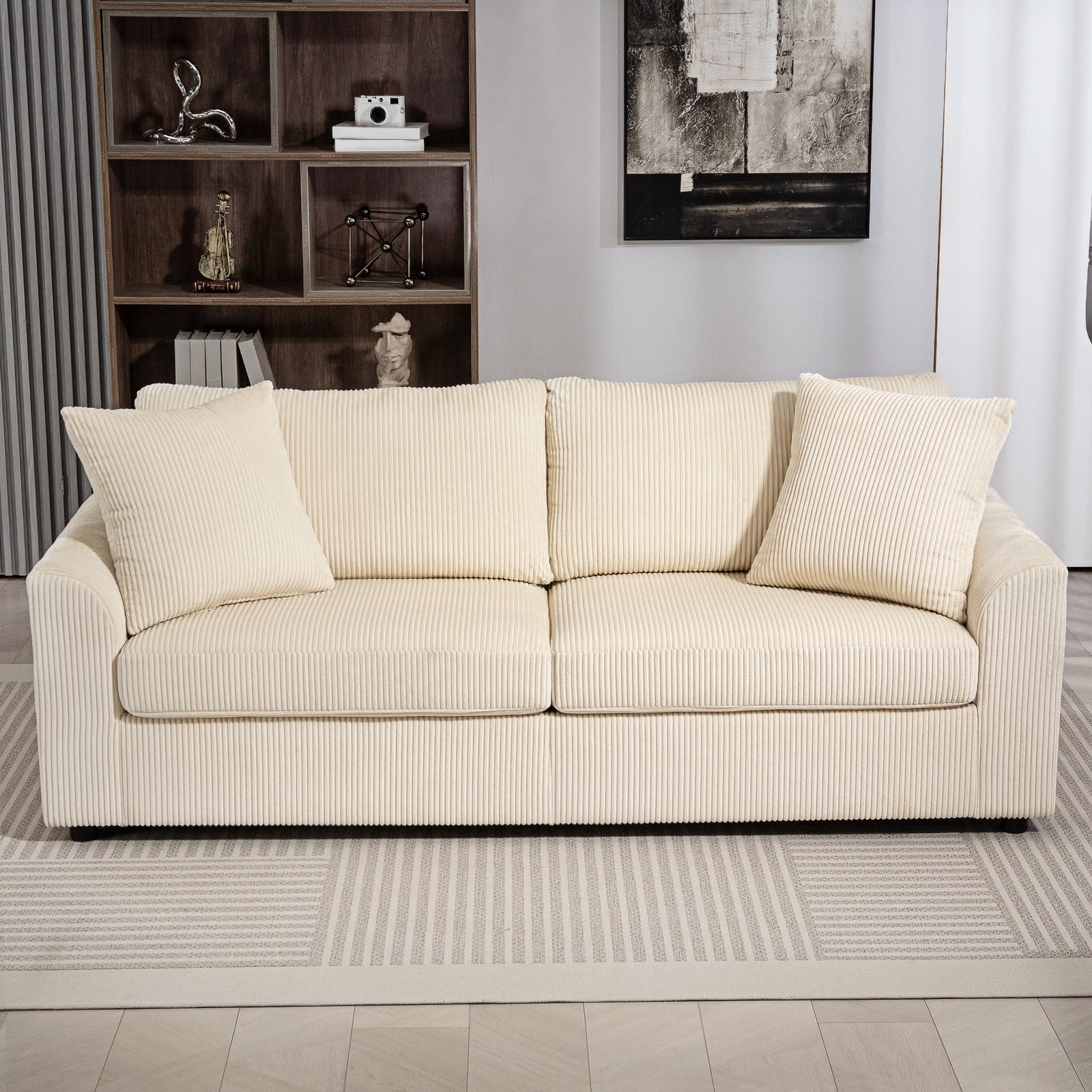 212 Cm Upholstered Jumbo Cord Sofa Couch With Spring Cushion | White