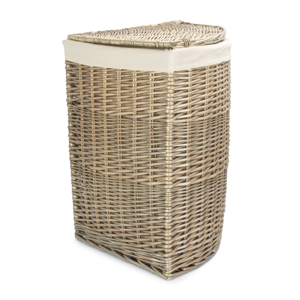 White Cotton Lined Antique Wash Wicker Corner Laundry Basket | Large | White