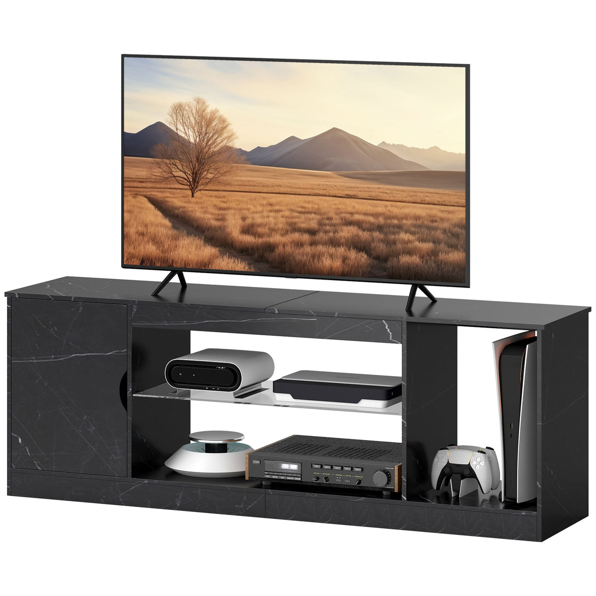 HOMCOM Marble Effect Tv Stand Cabinet With Glass Shelf For 55 Inch Tvs