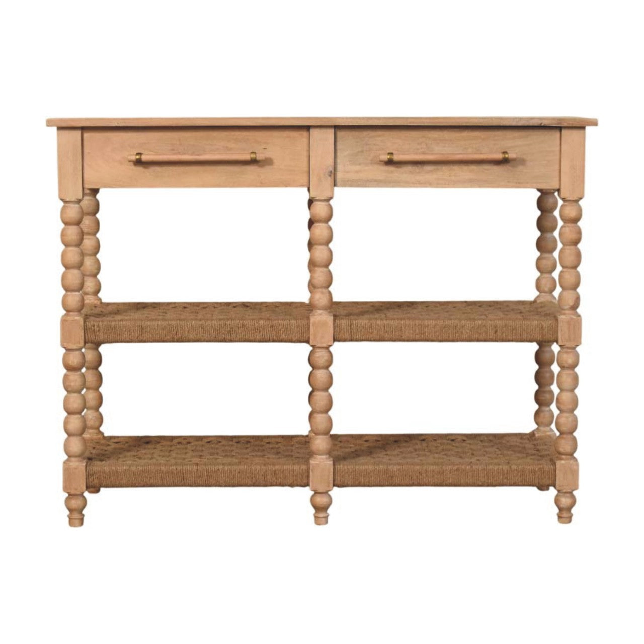 Solid Wood Savoy Bobbin Console With Jute Shelves, 2 Drawers And 4 Open Shelves, Beige
