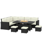 7 Pieces Rattan Garden Furniture Set W/ 50,000 Btu Fire Pit Table | Cream