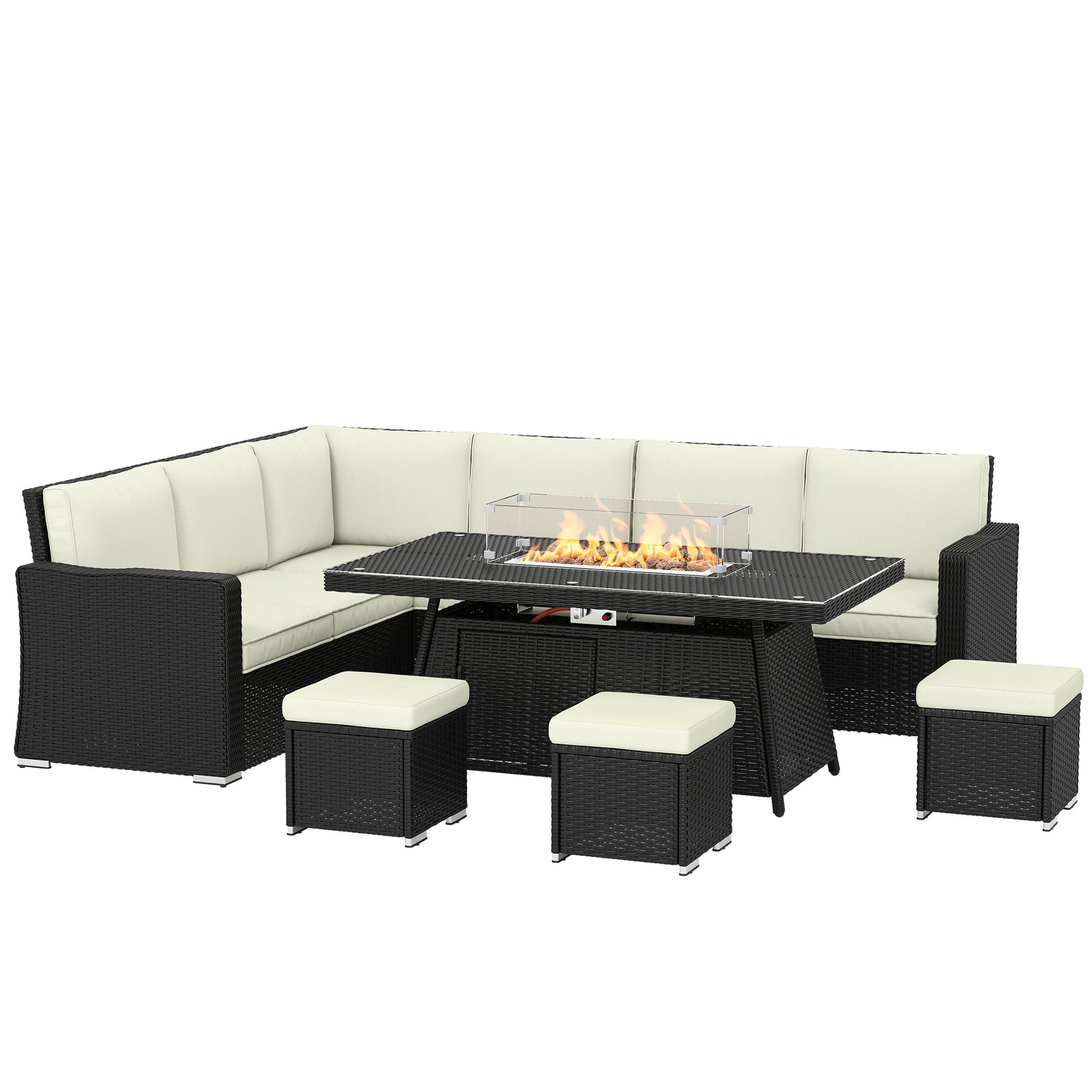 7 Pieces Rattan Garden Furniture Set W/ 50,000 Btu Fire Pit Table | Cream