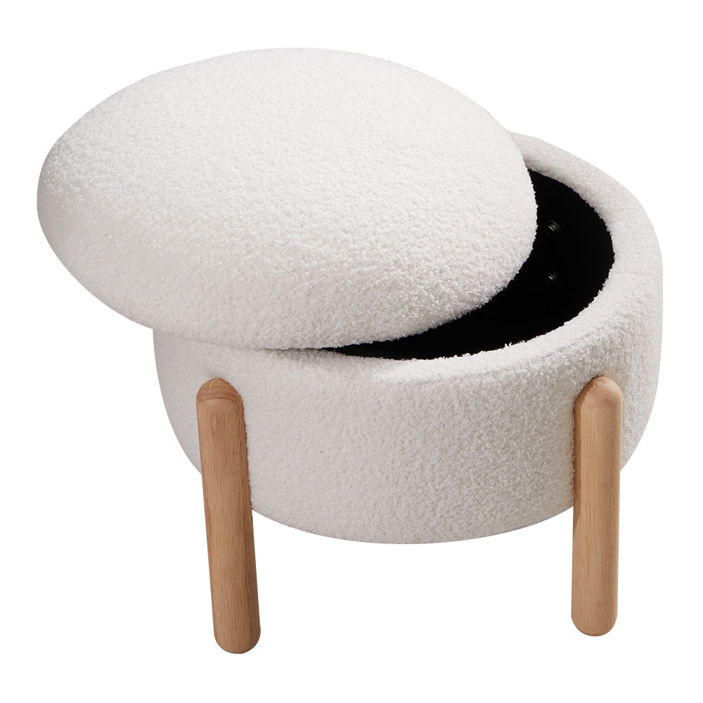 Beige Teddy Fur Upholstered Round Storage Ottoman Footrest