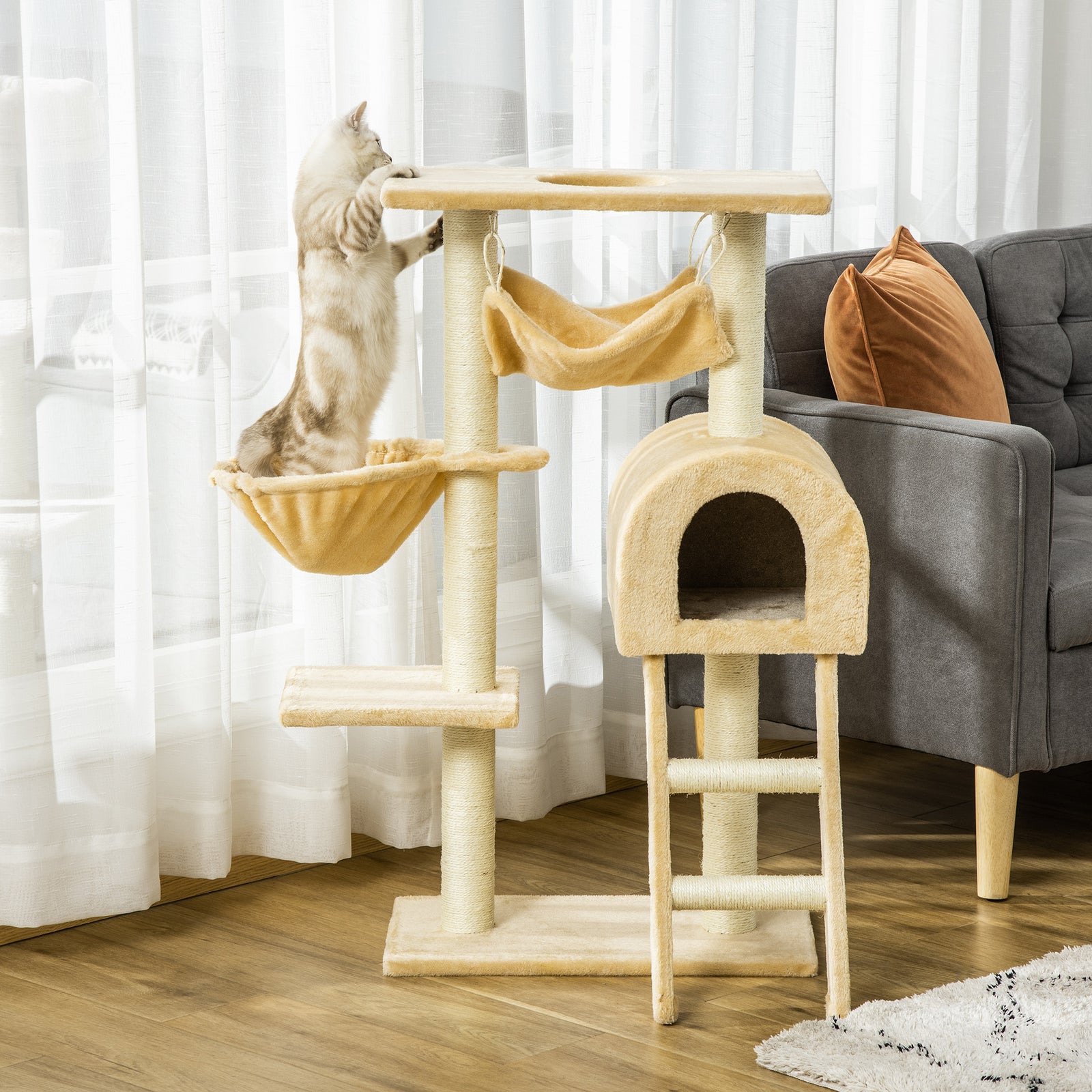 Cat Tree For Indoor Cats Scratching Post W/ Hammock House Bed Basket