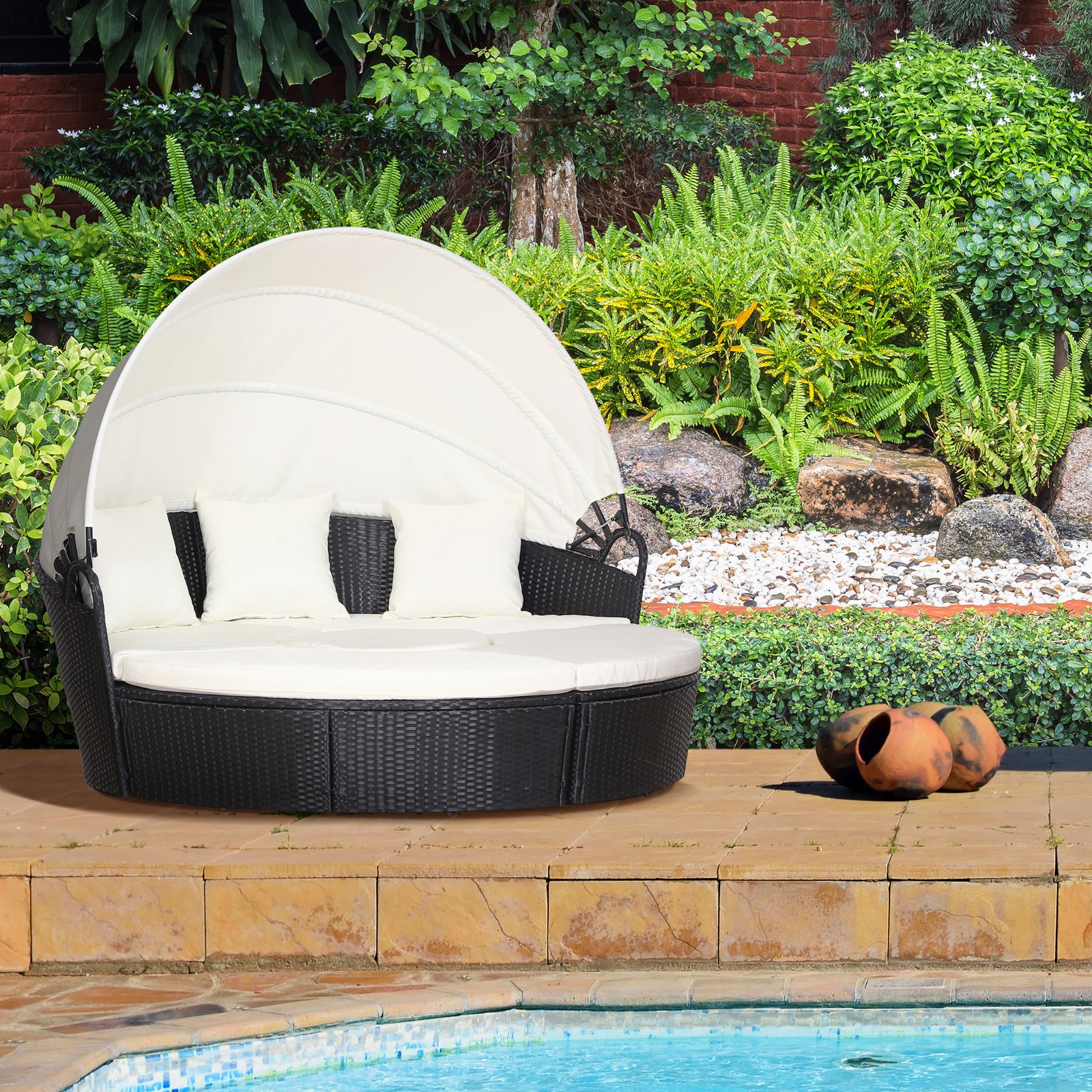 5 Pcs Cushioned Outdoor Rattan Round Sofa Bed Table Set | Black