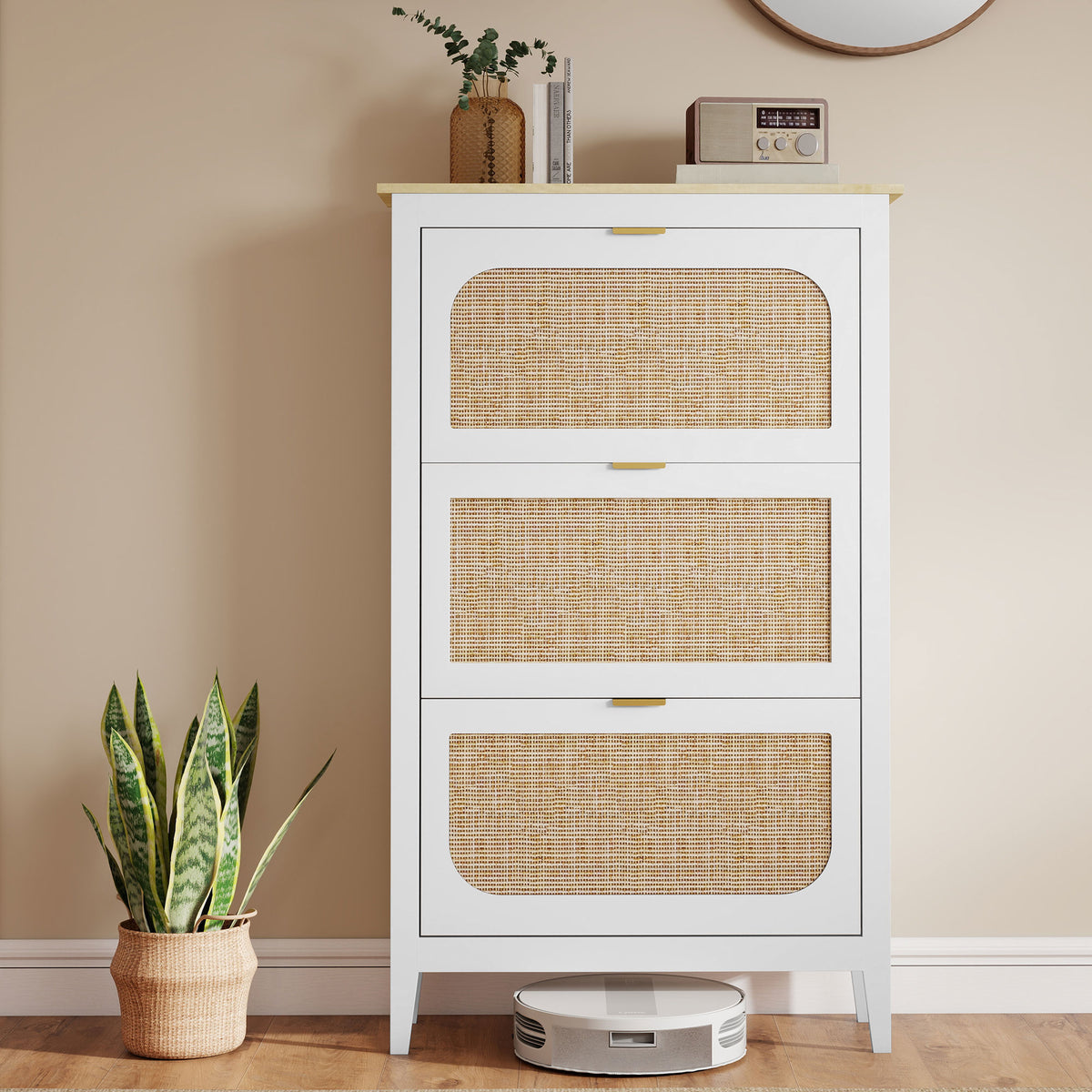 HOMCOM Boho Slim Shoe Cabinet With Rattan Doors