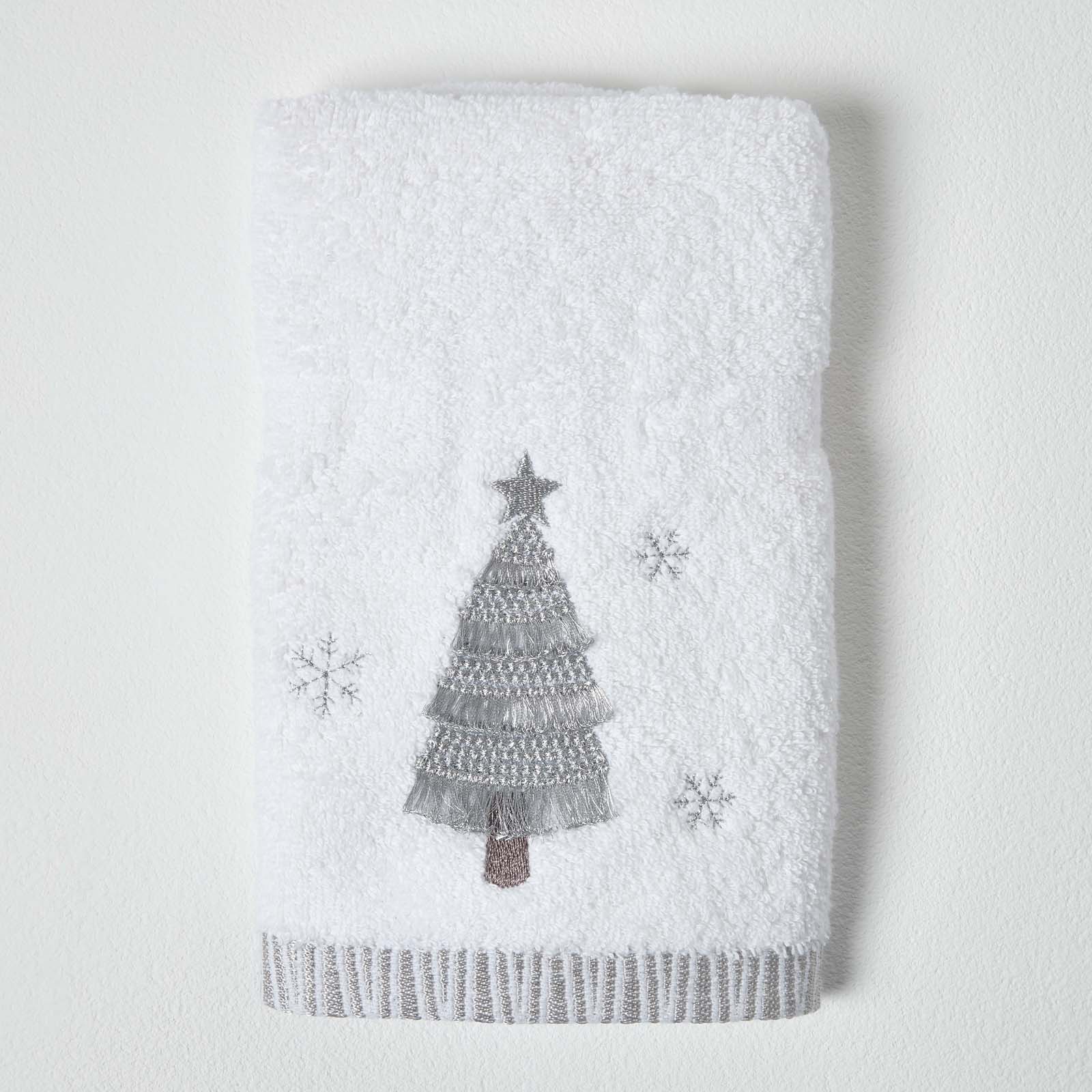 Silver Christmas Tree Embroidered 100% Cotton Hand Towel