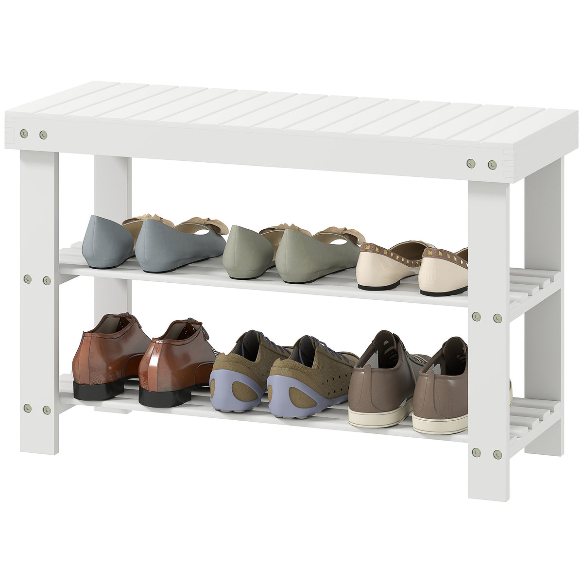 3-tier Bamboo Shoe Bench With 2 Shelves For Entryway | White