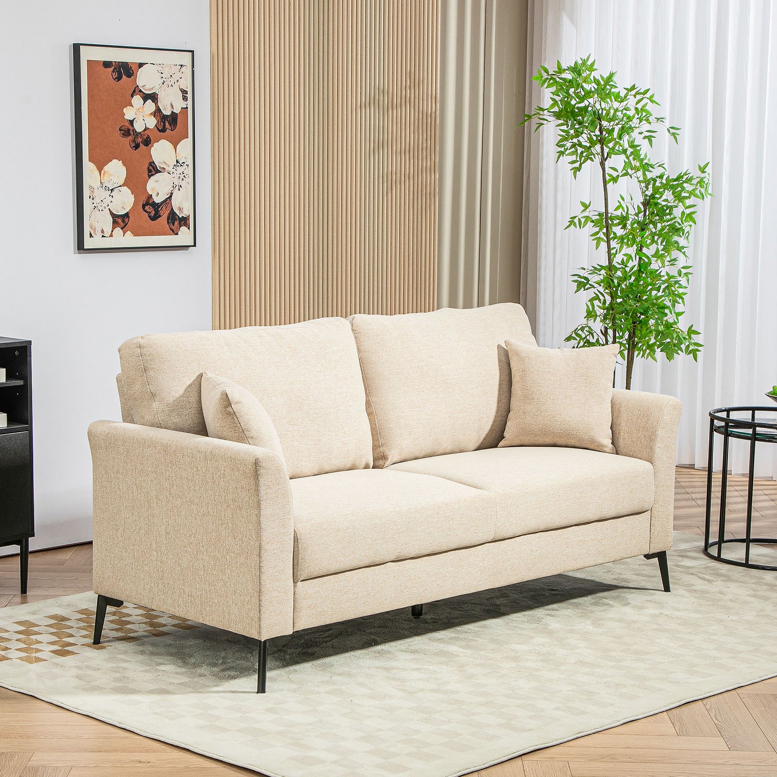 Linen Fabric Modern Sofa, Wood Frame, Beige