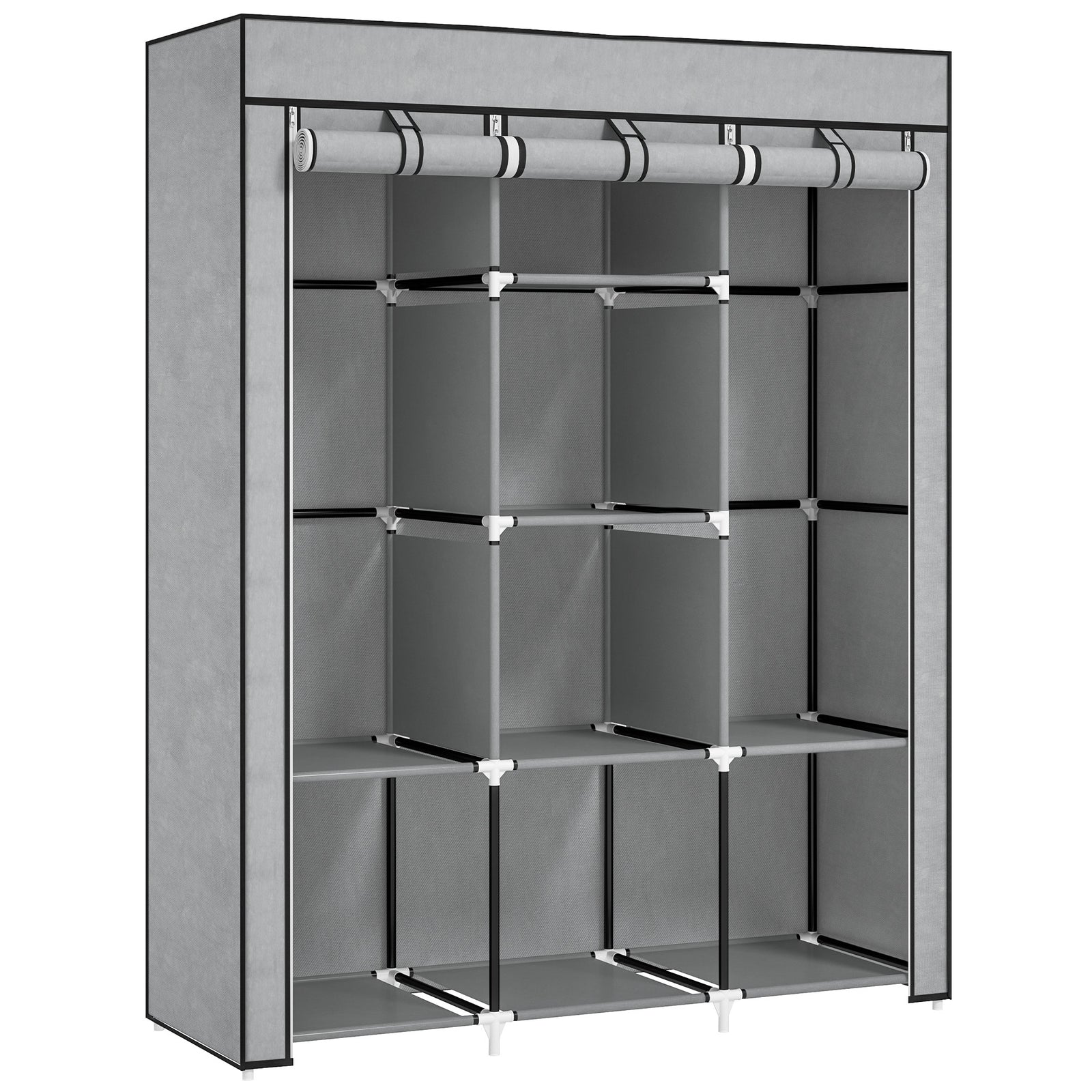 Fabric Portable Wardrobe With 8 Shelves 2 Hanging Rails | Grey