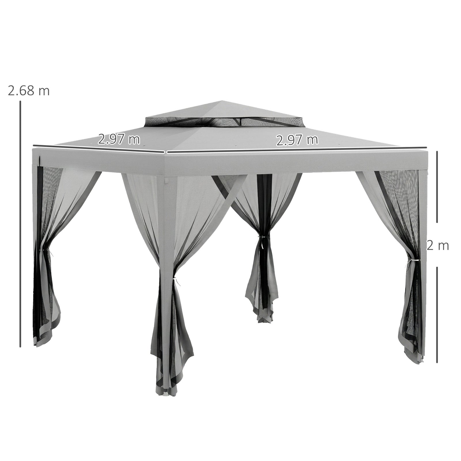 3 X 3 M Gazebo, Netting Party Tent W/ Double Tier Roof | Light Grey