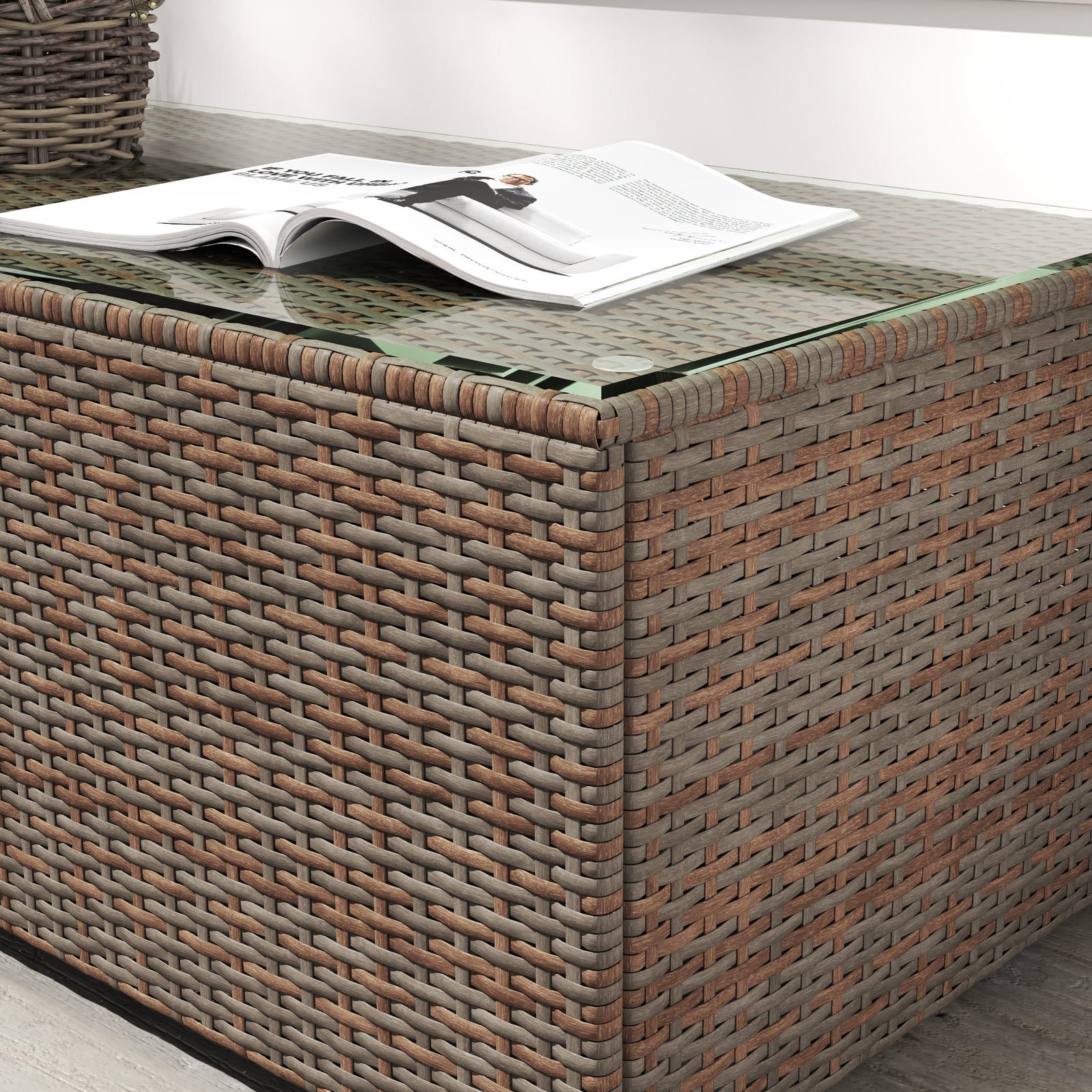 Outdoor Coffee Table, Glass Top Rattan Side Table | Brown