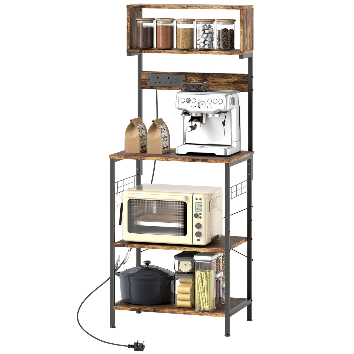 HOMCOM Bakers Rack With Power Outlet, 5 Hooks, Microwave Stand, Brown