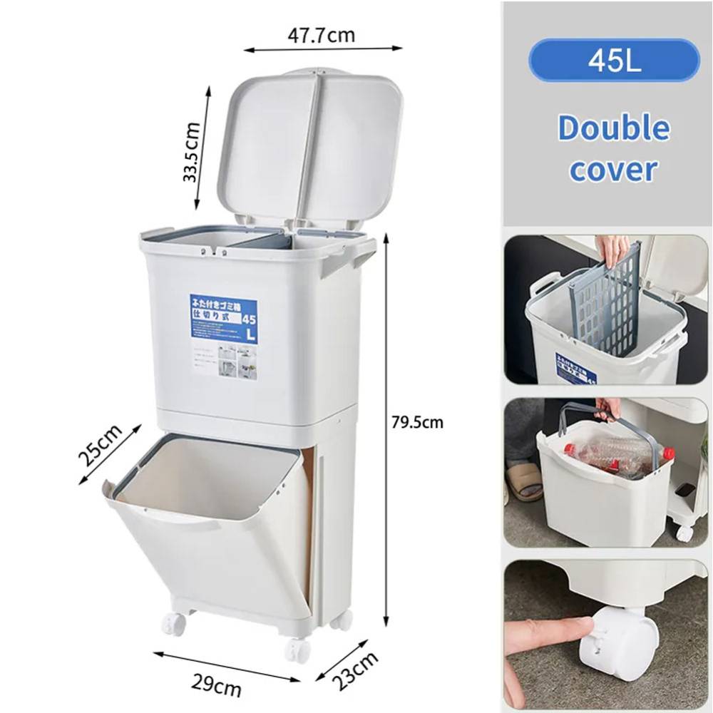 White Double-layer Three-compartment Trash Can With Wheels | 45l