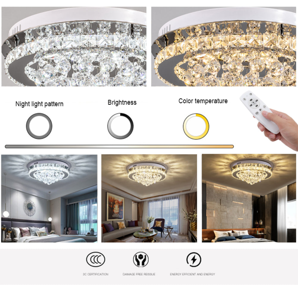 Crystal Round Led Semi Flush Mount Ceiling Light Dimmable | Warm