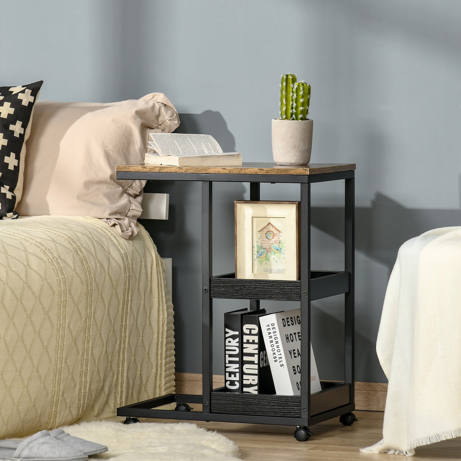 Industrial C-shaped Side Table With 3-tier Storage