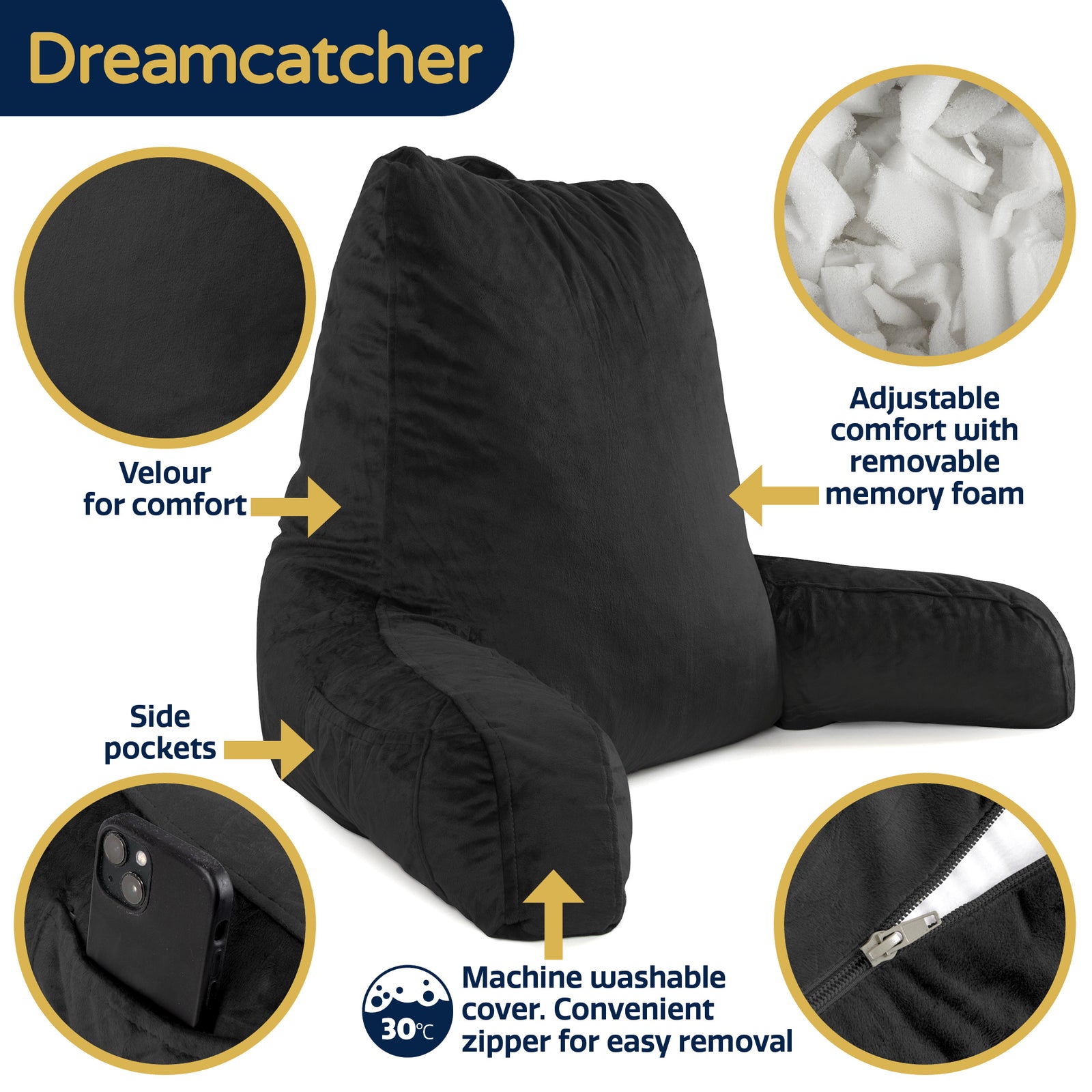 Large Reading Pillow, Shredded Memory Foam Cuddle Cuddle Cushion Backrest, Arm Support ,washable Velvet Cover | L | Black