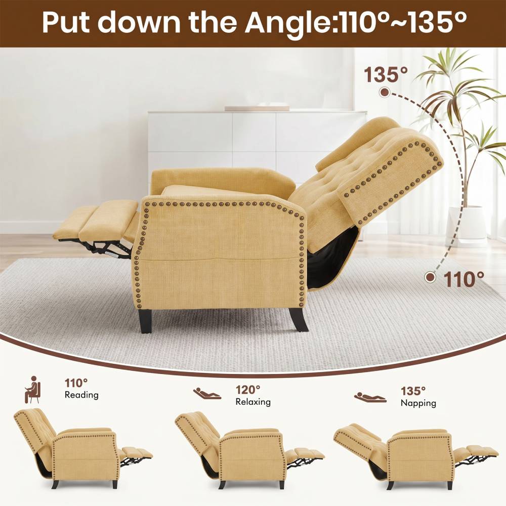 Fabric Upholstered Sofa Pushback Reclining Chair Armchair With Footstool | Yellow
