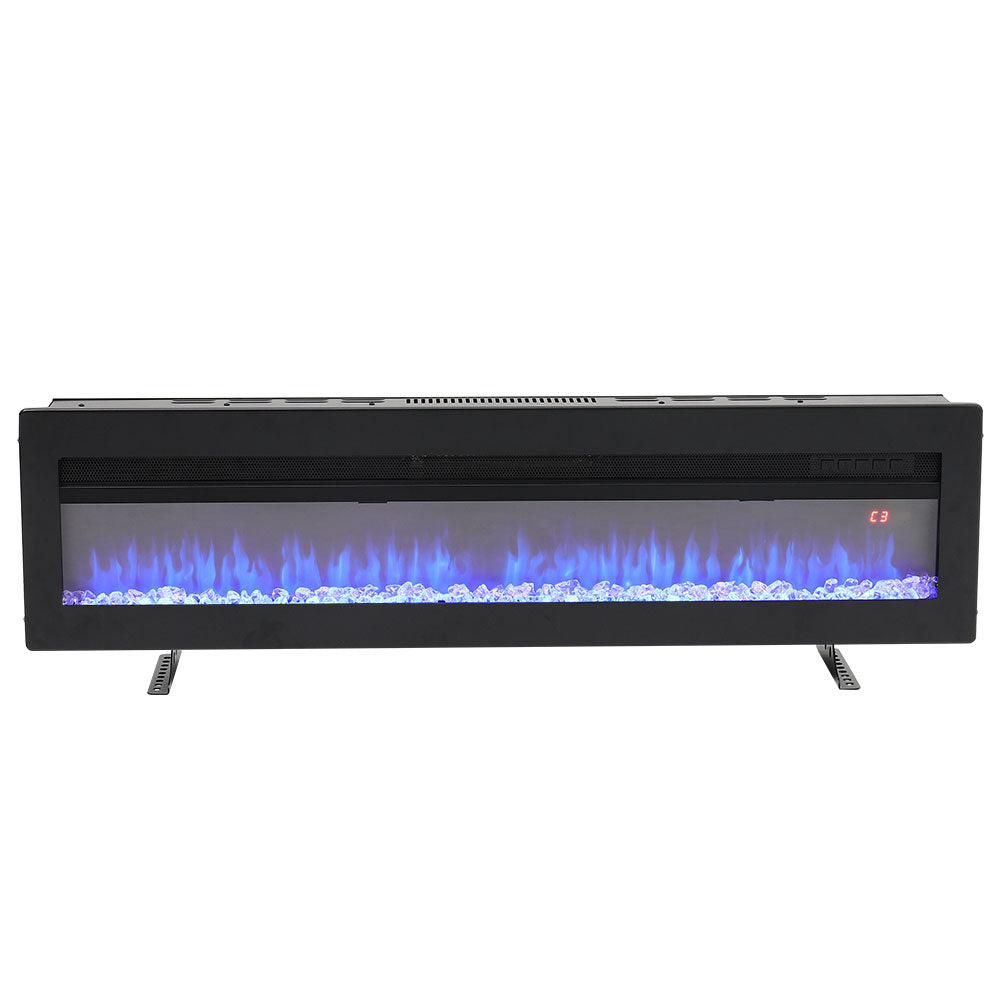 60-inch Electric Fireplace, Recessed/wall Mounted/freestanding Heater With 12-colour Flame,crystal Bed, Remote Control & Timer | Black