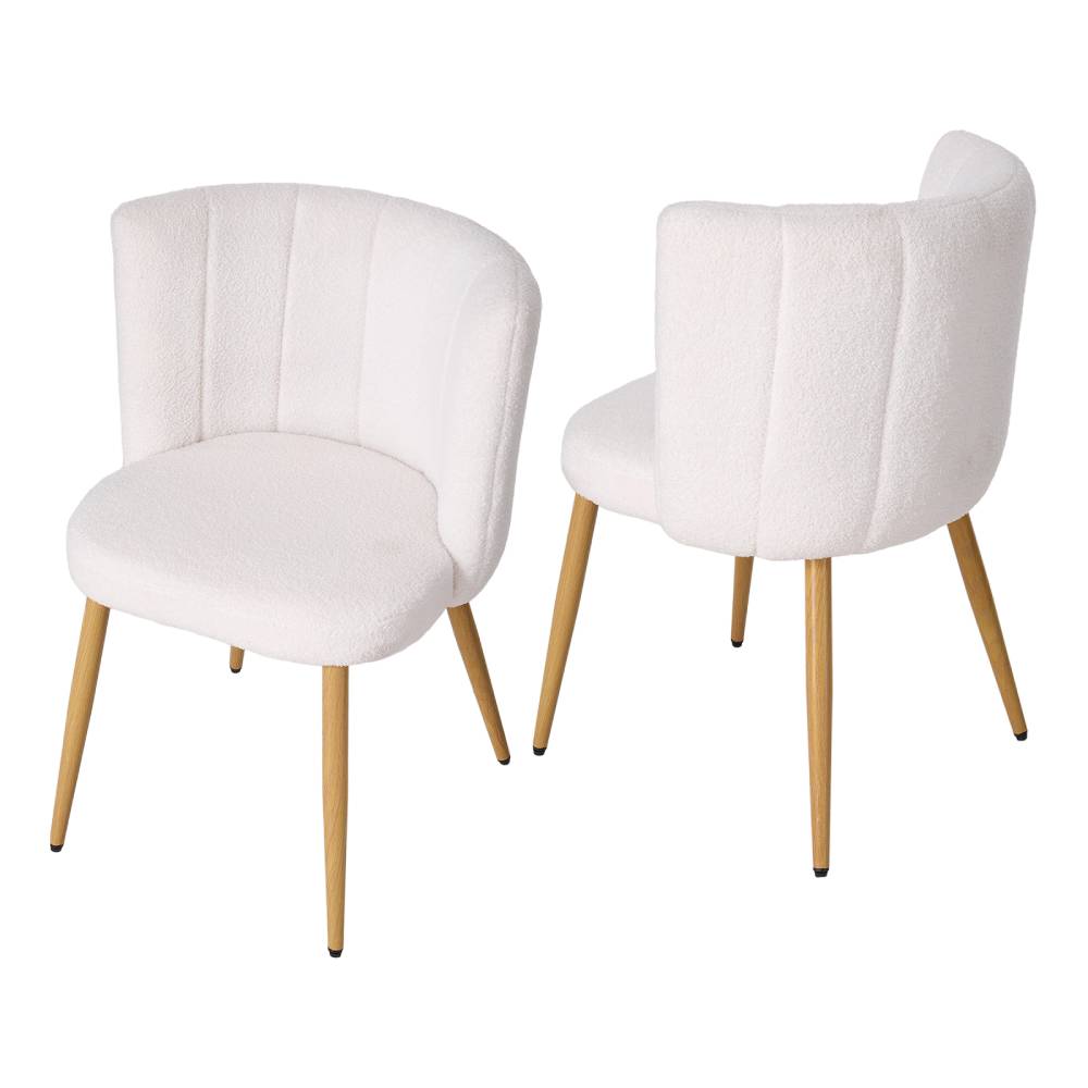 Set Of 2 Teddy Fleece Dining Chairs – Quilted White Upholstery, Wooden Frame With Iron Legs