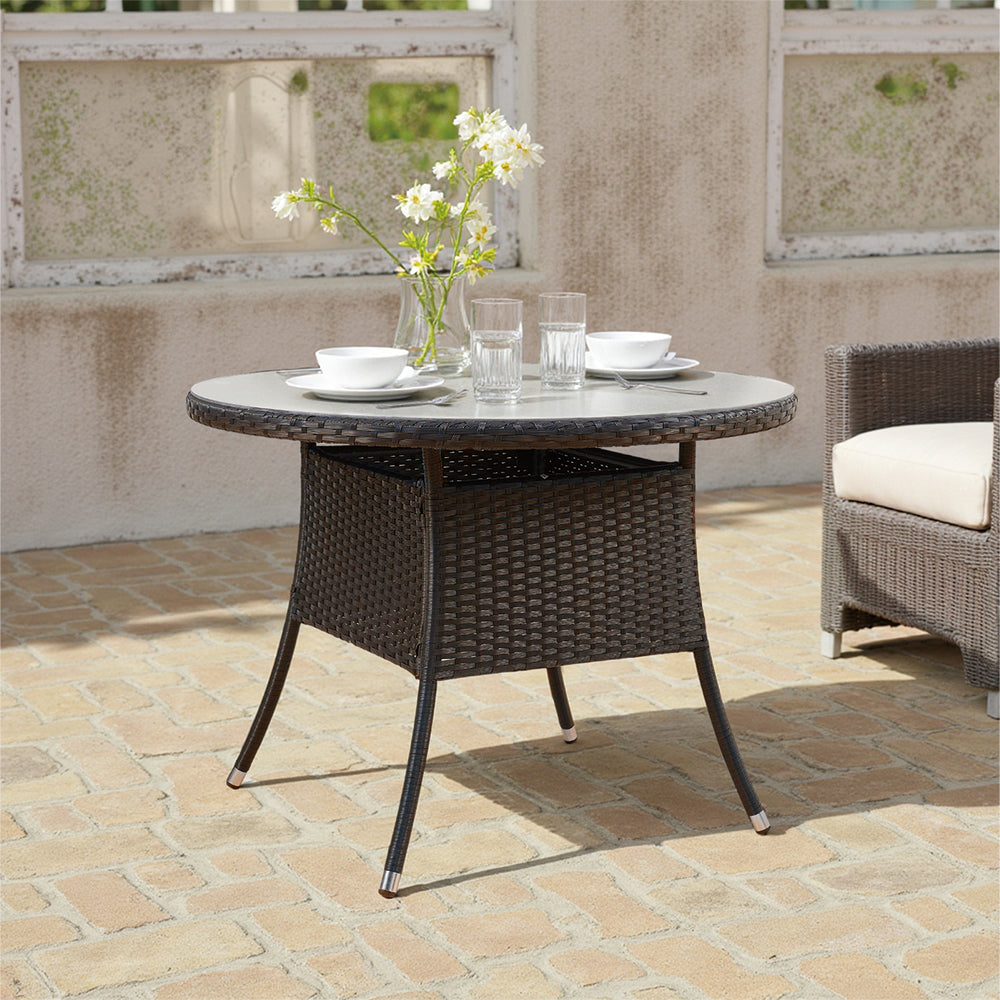 Garden Rattan Tempered Glass Top Round Table With Parasol Hole - 100cm Dia X 72cm