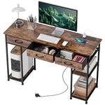Computer Writing Desk With Power Outlets, Drawers, Shelves | Brown