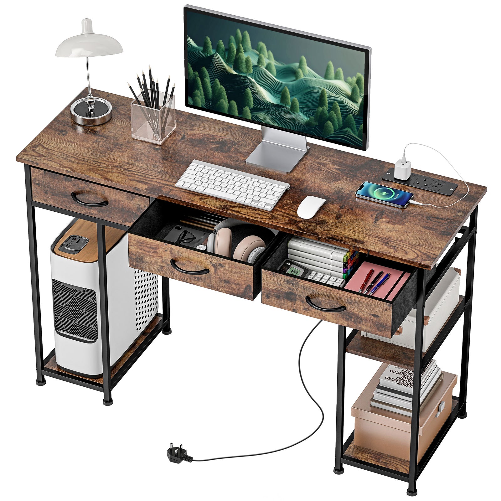 Computer Writing Desk With Power Outlets, Drawers, Shelves | Brown