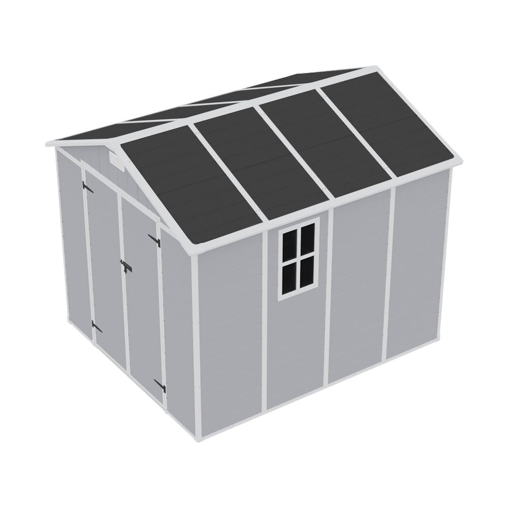 Outdoor Plastic Tool Shed With Apex Roof & Floor, Double Doors, Ventilation & Window, Lockable Backyard Storage House | 8x8ft | Grey