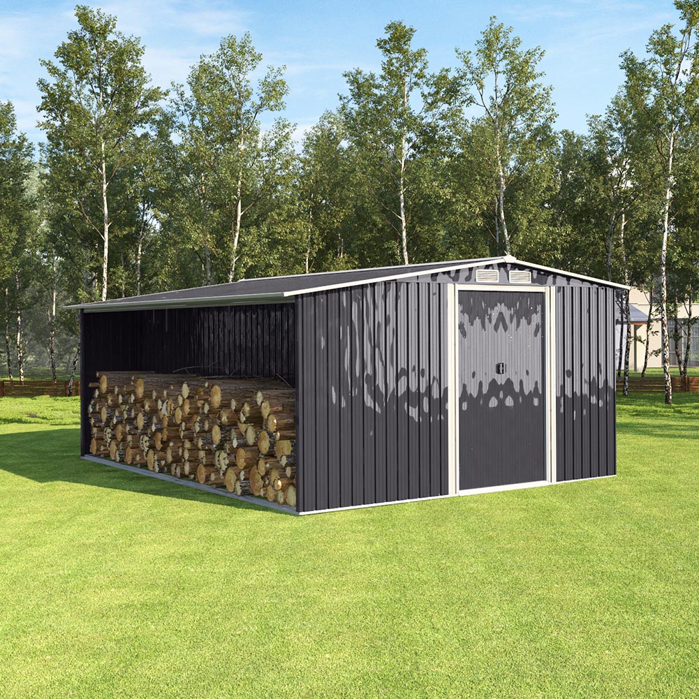 10.83  x 10.3 FT Waterproof Outdoor Metal Shed Garden Storage Tool Shed Apex Roof Double Door With Log Storage Store