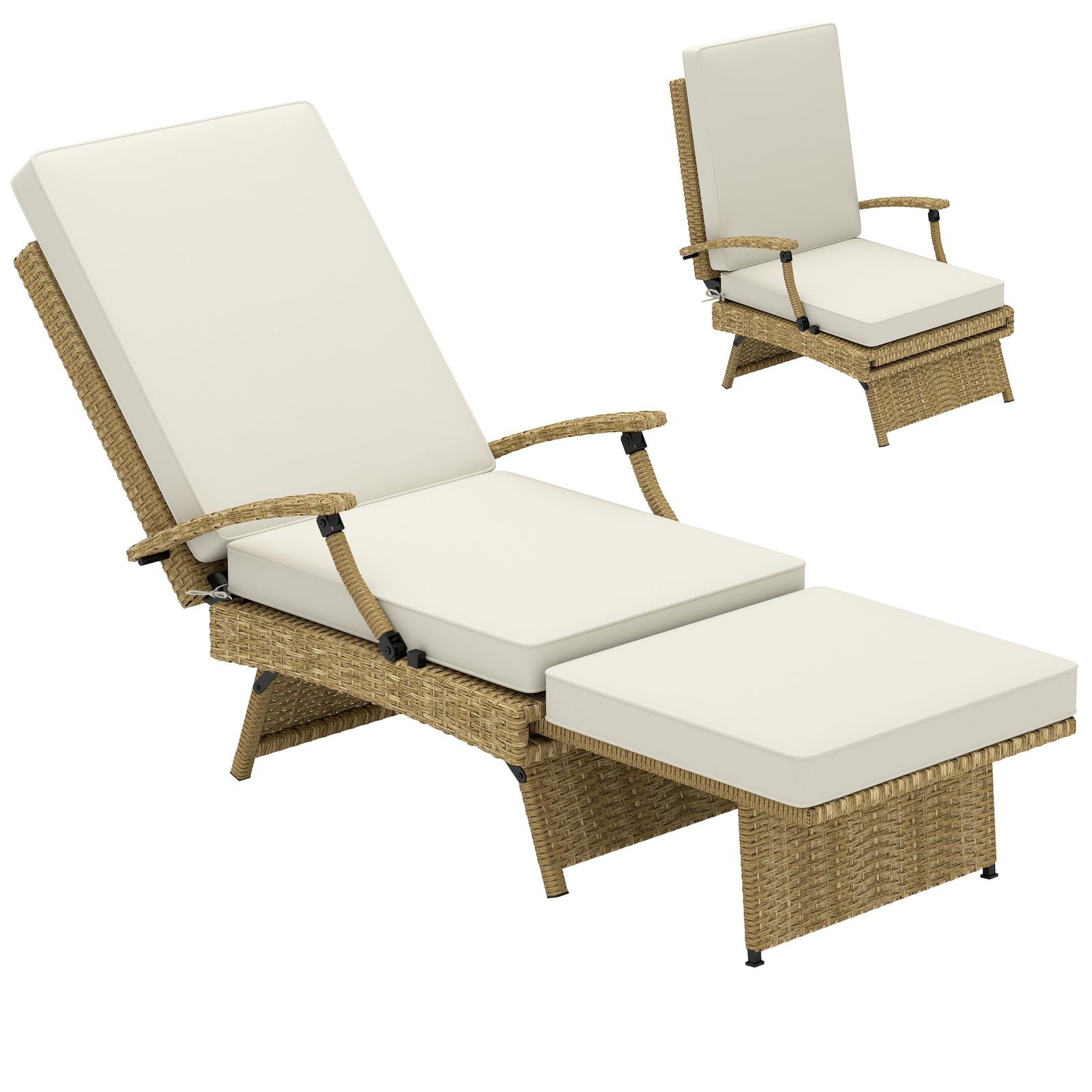 Foldable Rattan Garden Recliner Chair W/ Cushion, Footrest | Beige