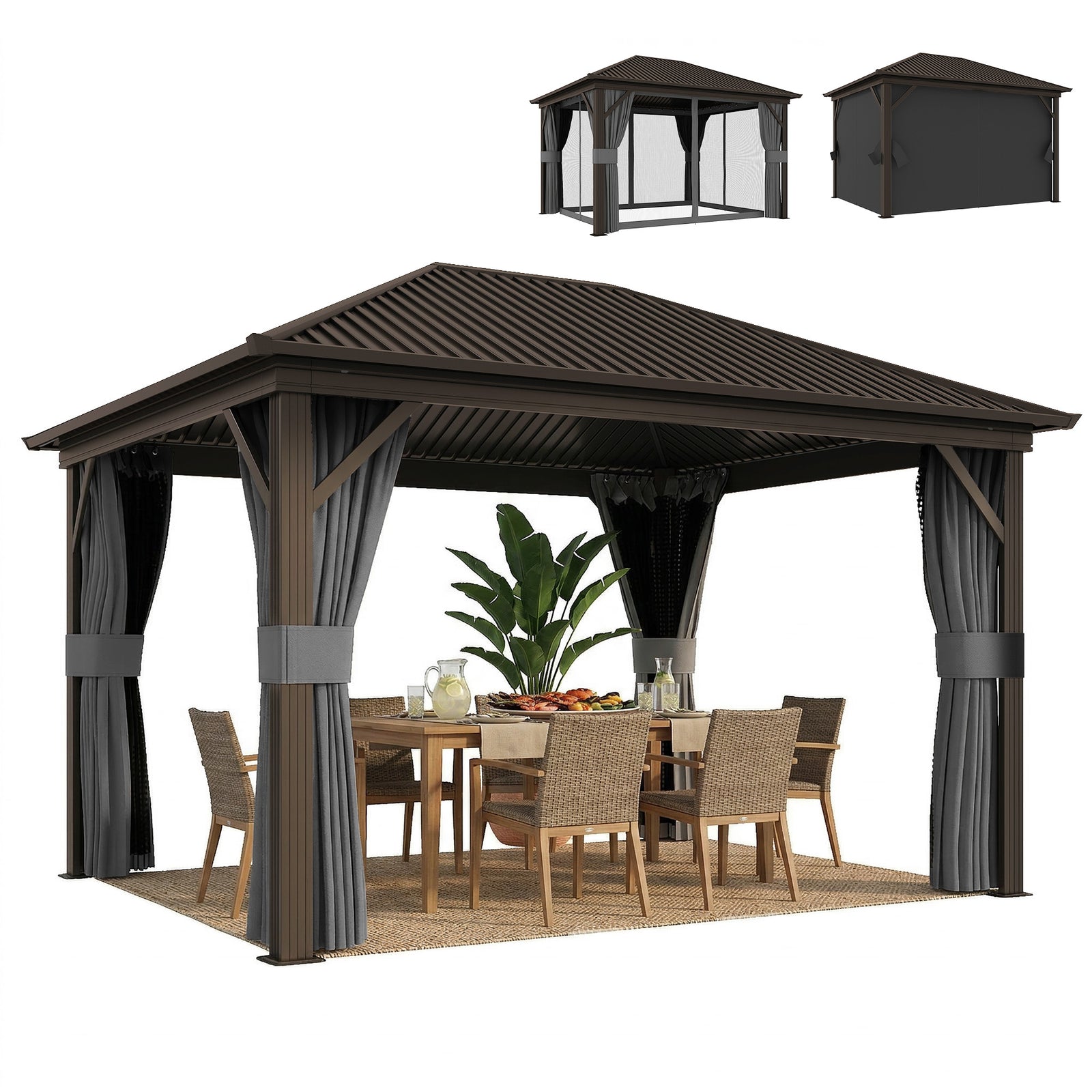3.6 X 3(m) Metal Garden Hardtop Gazebo With Screened Curtain | Dark Grey