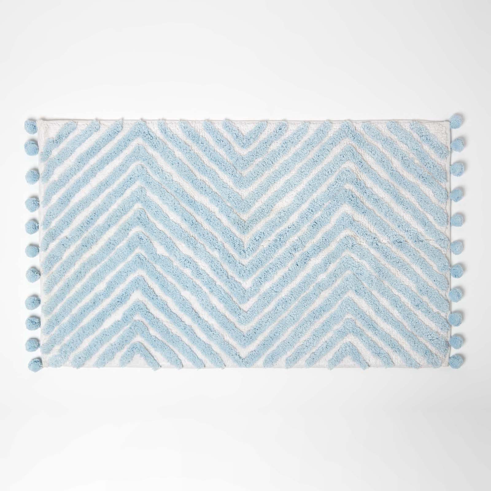 Tufted Cotton Bath Mat Zig Zag Design With Pom Poms | 50 x 80cm | Light Blue