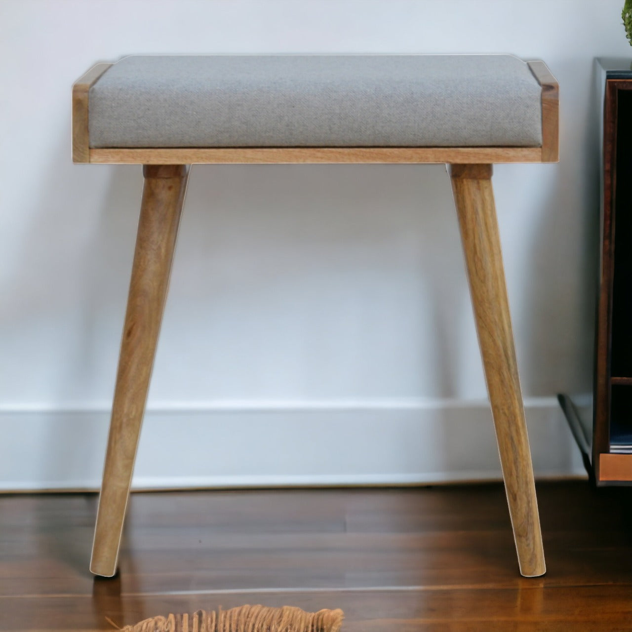 Solid Mango Wood Grey Tweed Tray Style Footstool