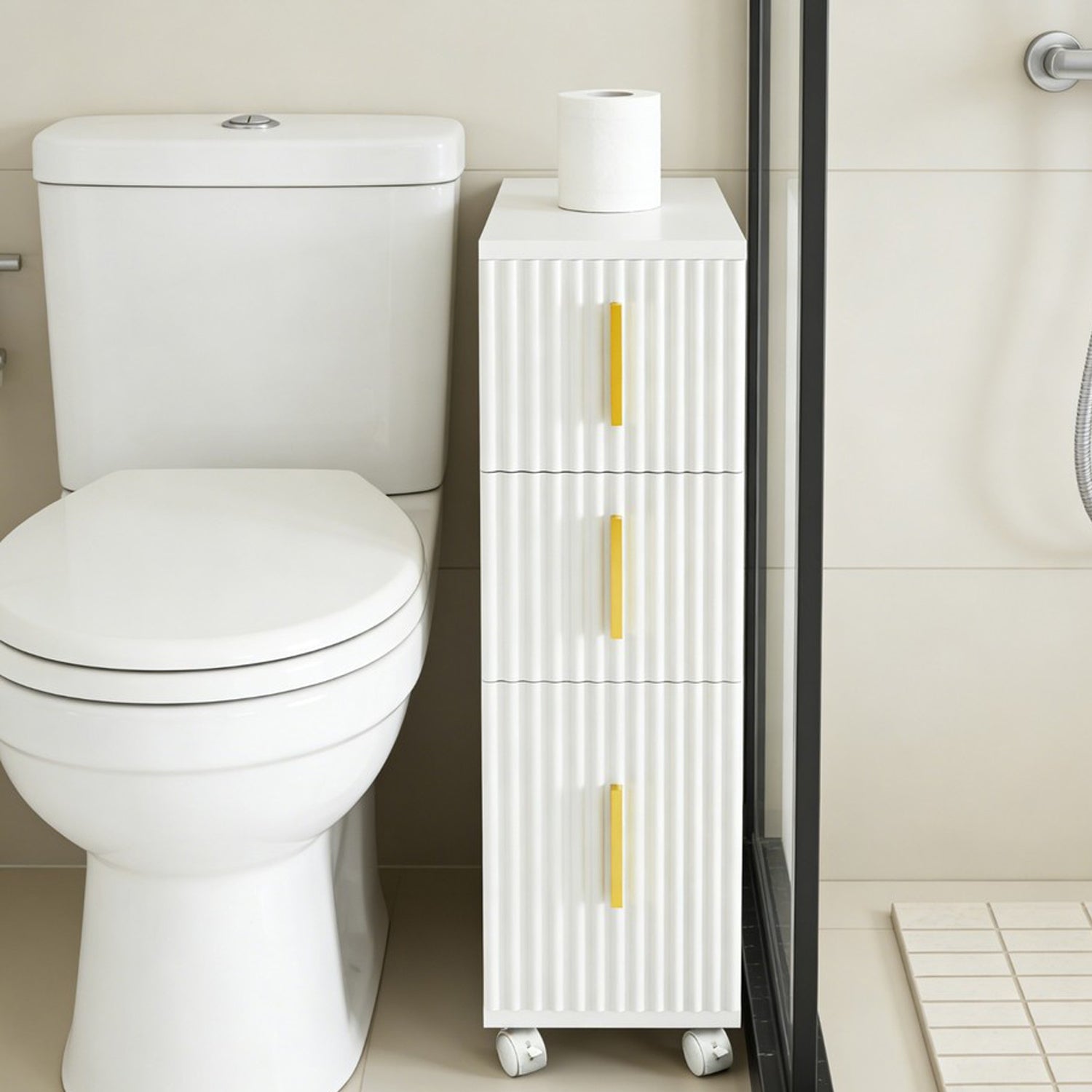 HYGRAD BUILT TO SURVIVE Slim Narrow Bathroom Storage Cabinet On Wheels – 3 Drawer Toilet Roll Holder Unit