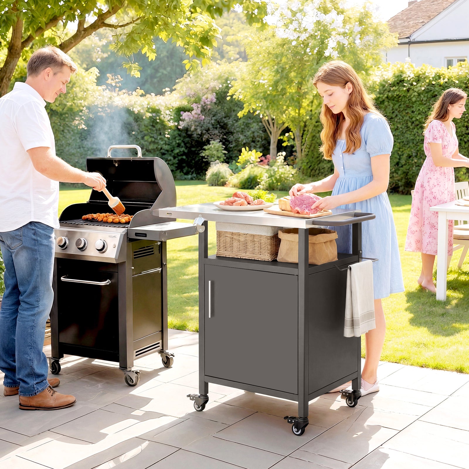 Outsunny Outdoor Grill Cart With Cabinet, Food Prep Table On Wheels, Brown
