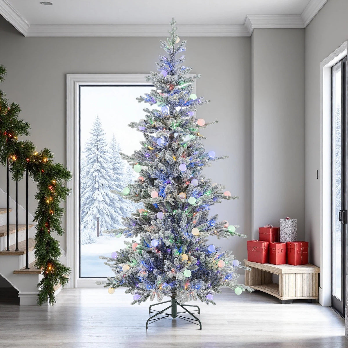 Indoor & Outdoor Living Aurora Winter Glow Flocked White Multi-colour Christmas Tree
