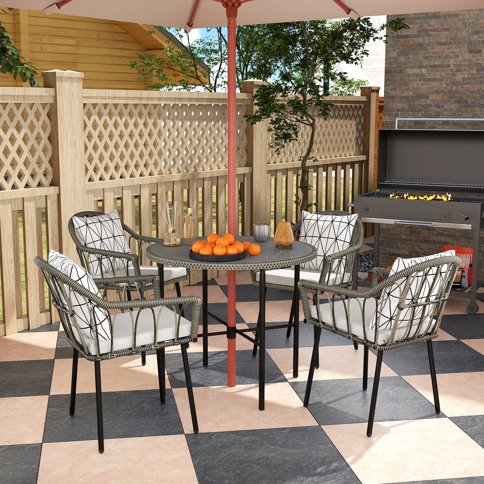 5 Piece Patio Rattan Dining Set, Removable Cushions | Gray