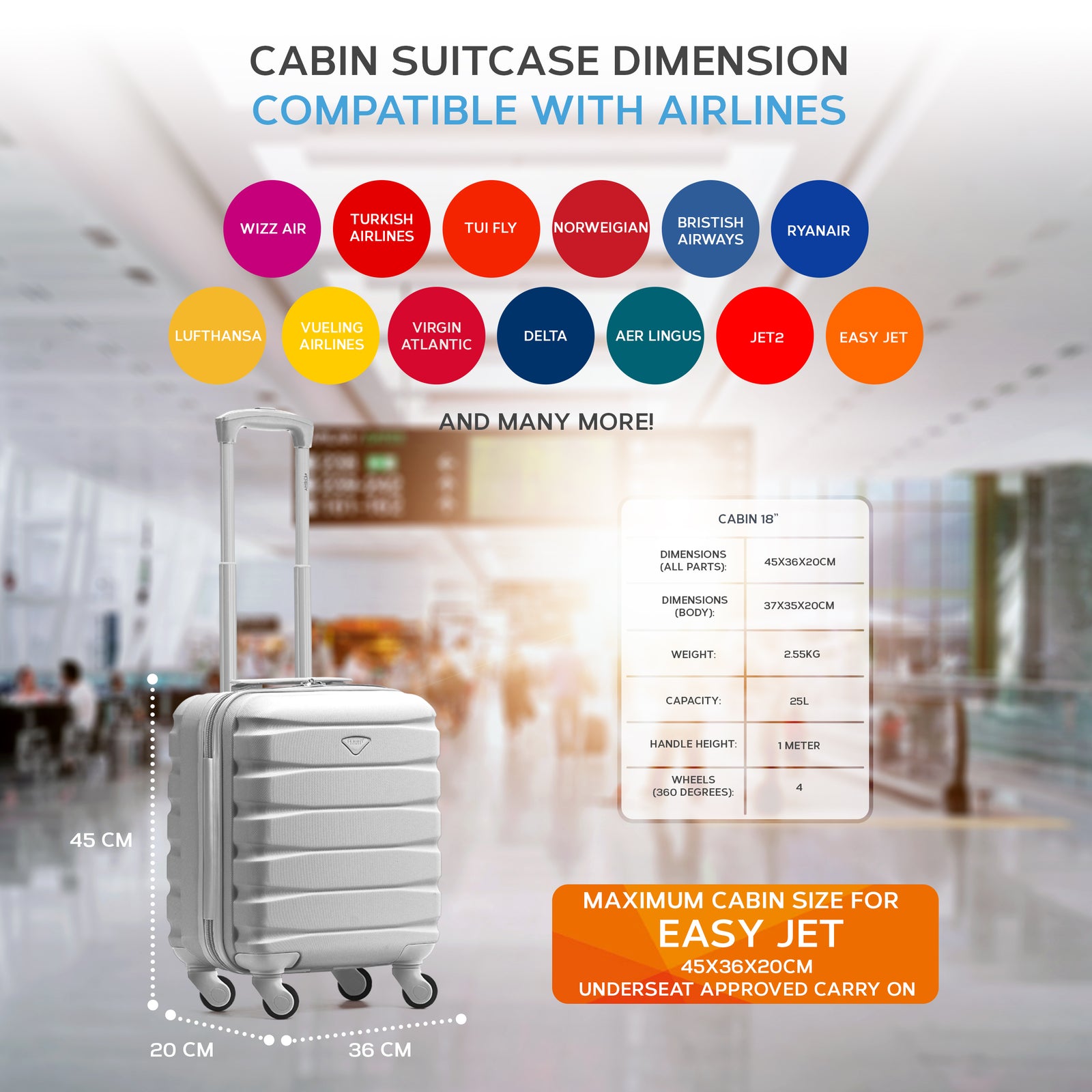 45x36x20cm Lightweight Underseat Cabin Carry On Suitcase - 100+ Airline Approved - Hard Shell Luggage - 4 Wheels | 45 x 36 x 20cm | Silver