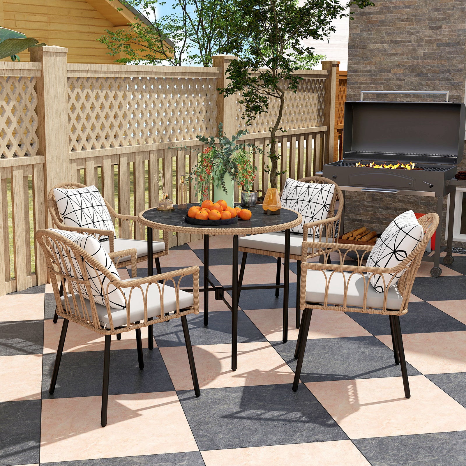 5 Piece Patio Rattan Dining Set, Removable Cushions | Brown