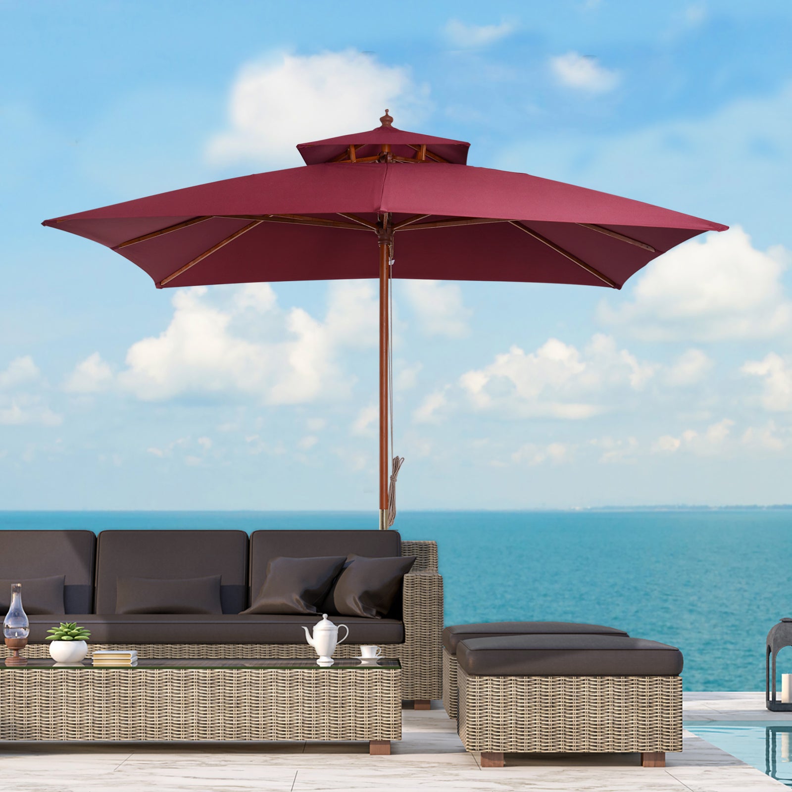 3x3m Folding Bamboo Parasol With 2 Pulley | Red