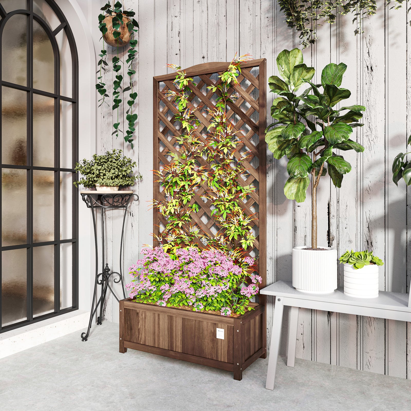 Garden Wooden Planter Box, 53l With Trellis, Dark Brown