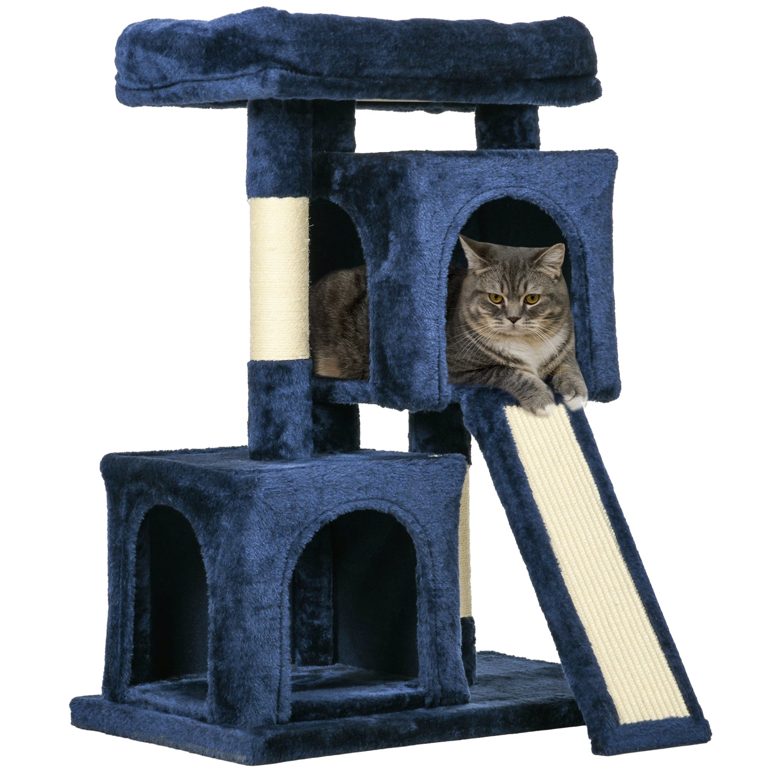 Cat Rest & Play Activity Tree W/ 2 House Perch Scratching Post | Blue