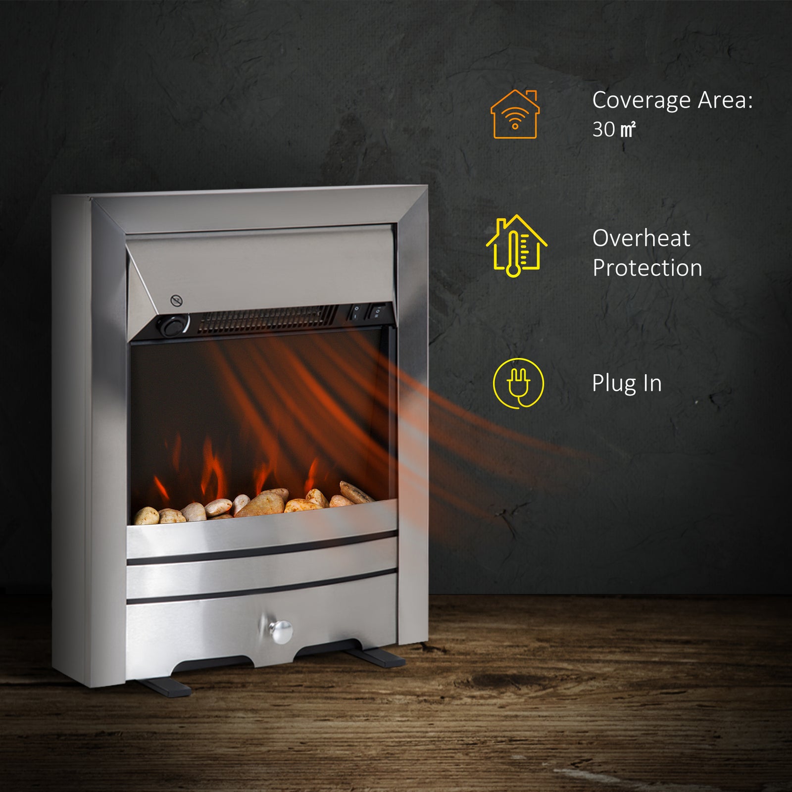 Electric Fireplace Stainless Steel 2kw Heater Led Fire Flame