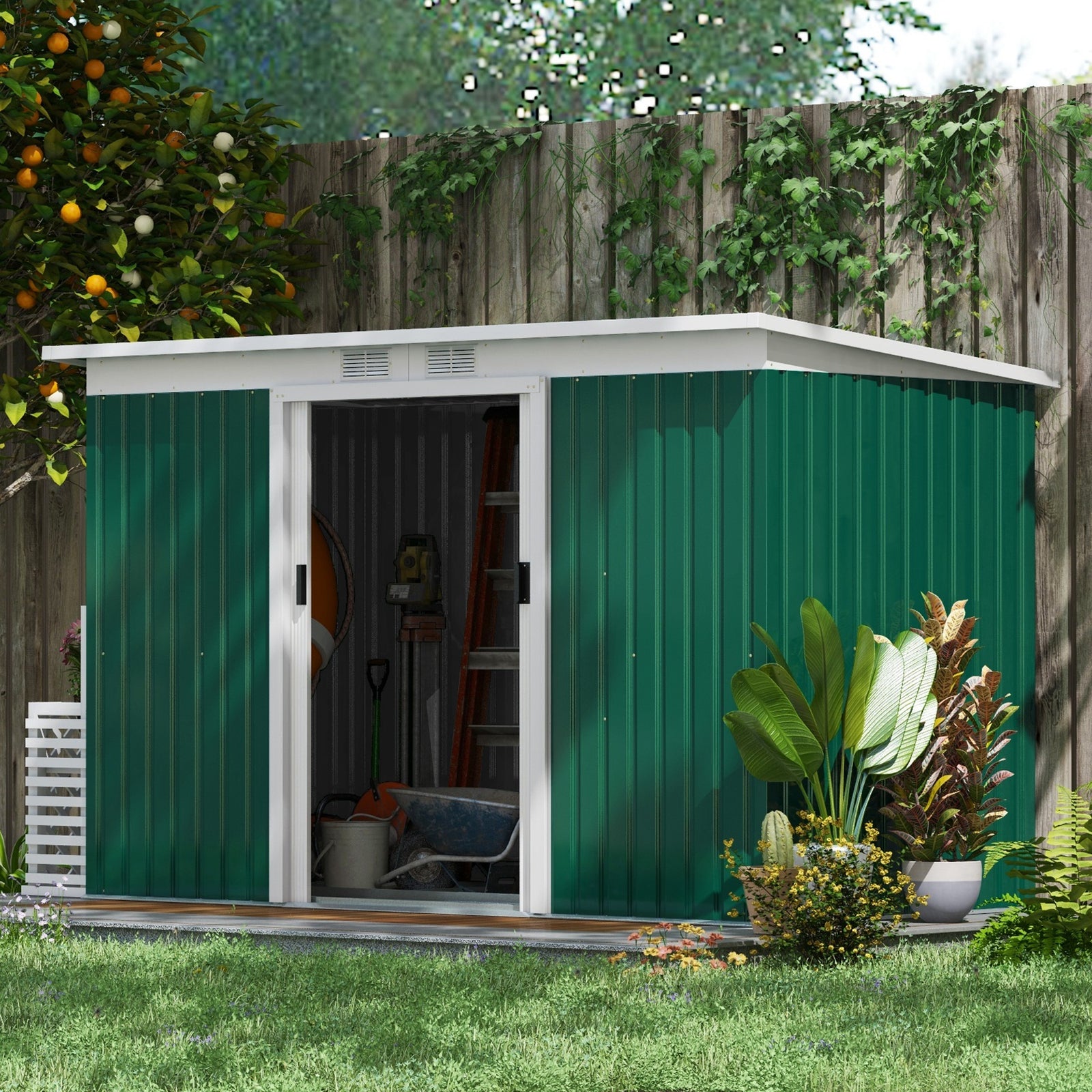 9 X 4ft Outdoor Metal Frame Garden Storage Shed W/ 2 Door | Dark Green