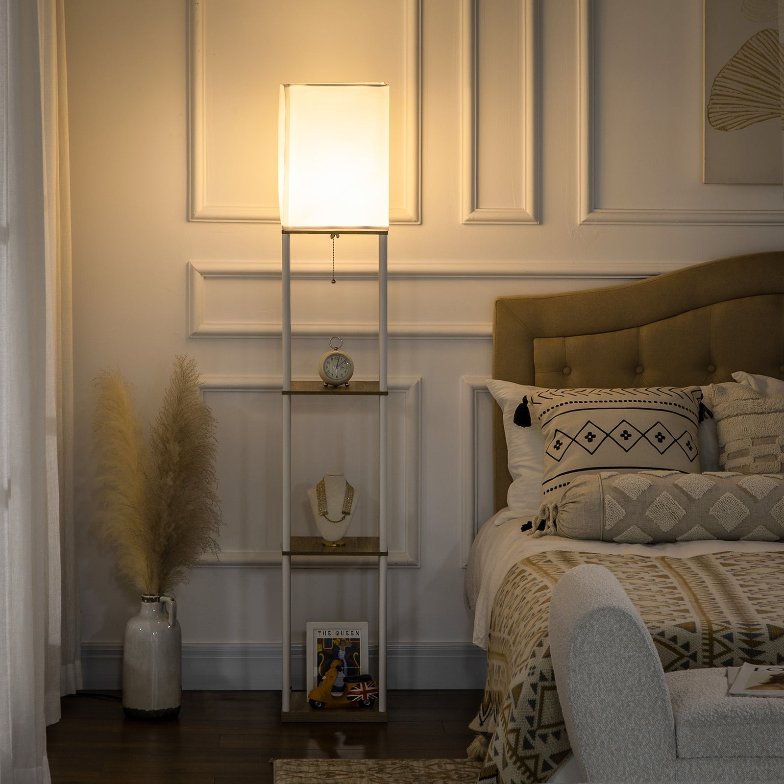 Modern Floor Lamp With Shelves And Fabric Lampshade