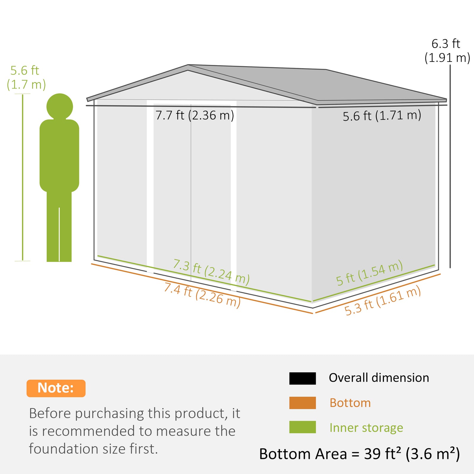 8 X 6ft Garden Storage Shed With Double Door | Dark Grey