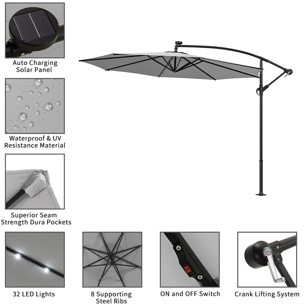 3 M Banana Patio Umbrella Cantilever Garden Parasol With Solar-powered 32 Led Lights, Crank For Opening Closing Without Base | One Size | Light Grey