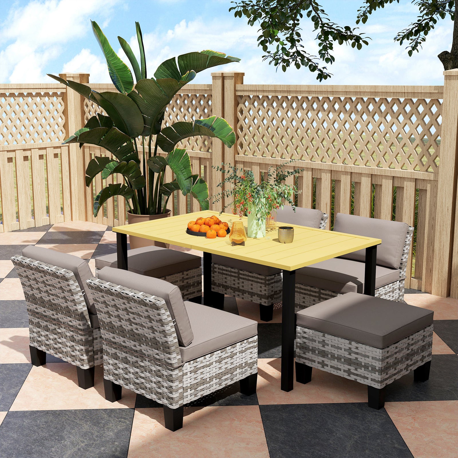 7-piece Rattan Dining Set, Slatted Metal Top Table, Grey
