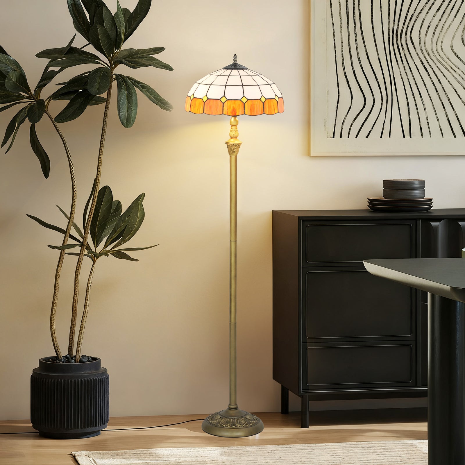 Floor Lamp With Handcrafted Stained Glass Shade, Vintage Standing Lamp | Orange