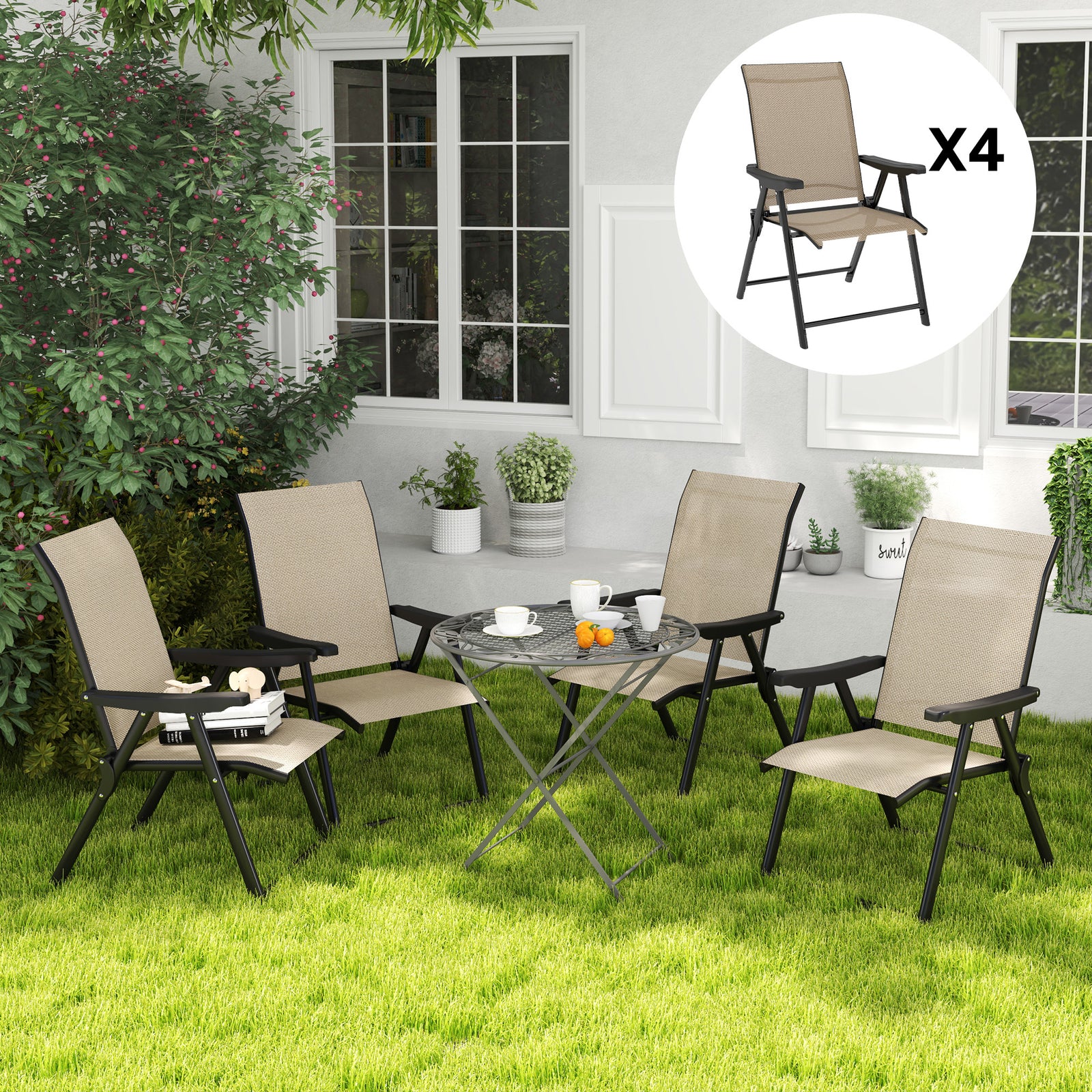 Folding Chair W/ Breathable Mesh Fabric Seat | Set-of-4 | Brown